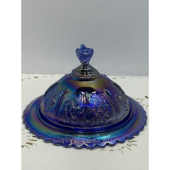 Boyd's Crystal Art Glass Other - Boyd Blue Carnival Glass Small Butter Dish Strawberry Pattern Iridescent B Stamp